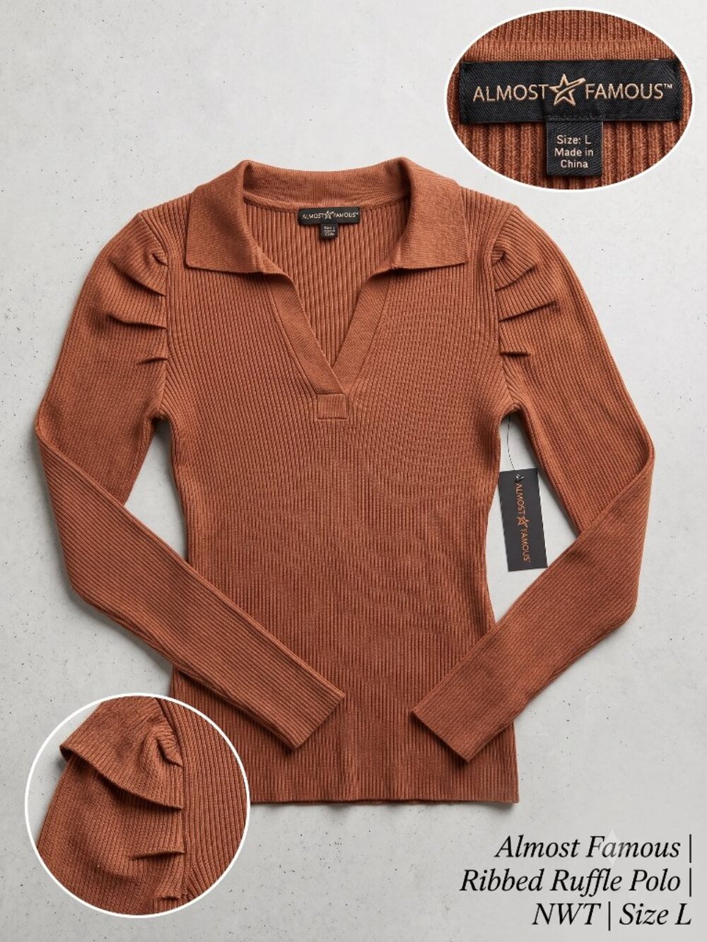 Brown Ribbed V-Neck Sweater